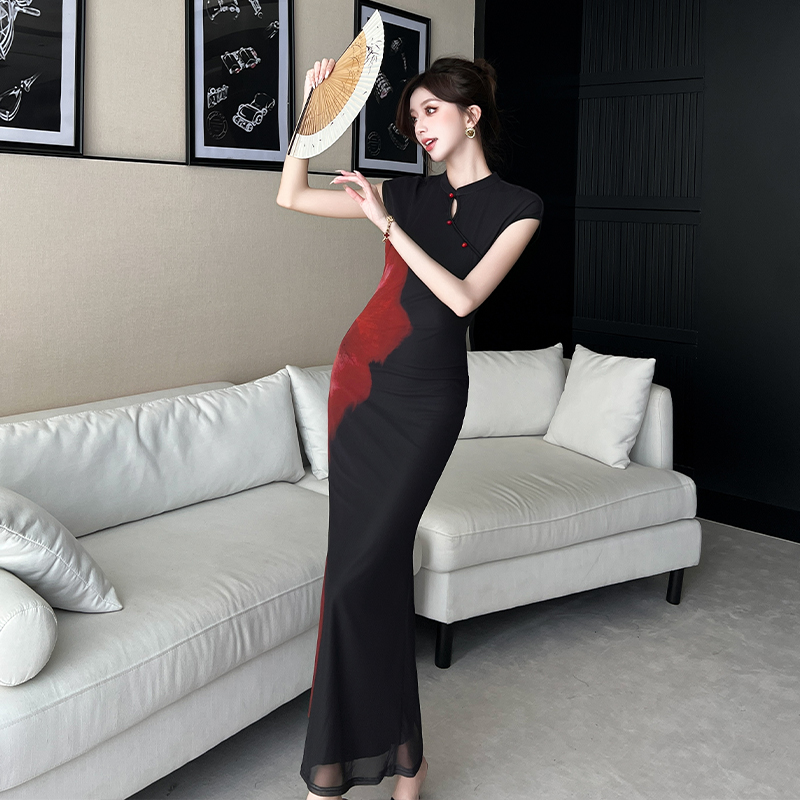 Summer red dress mixed colors slim long dress