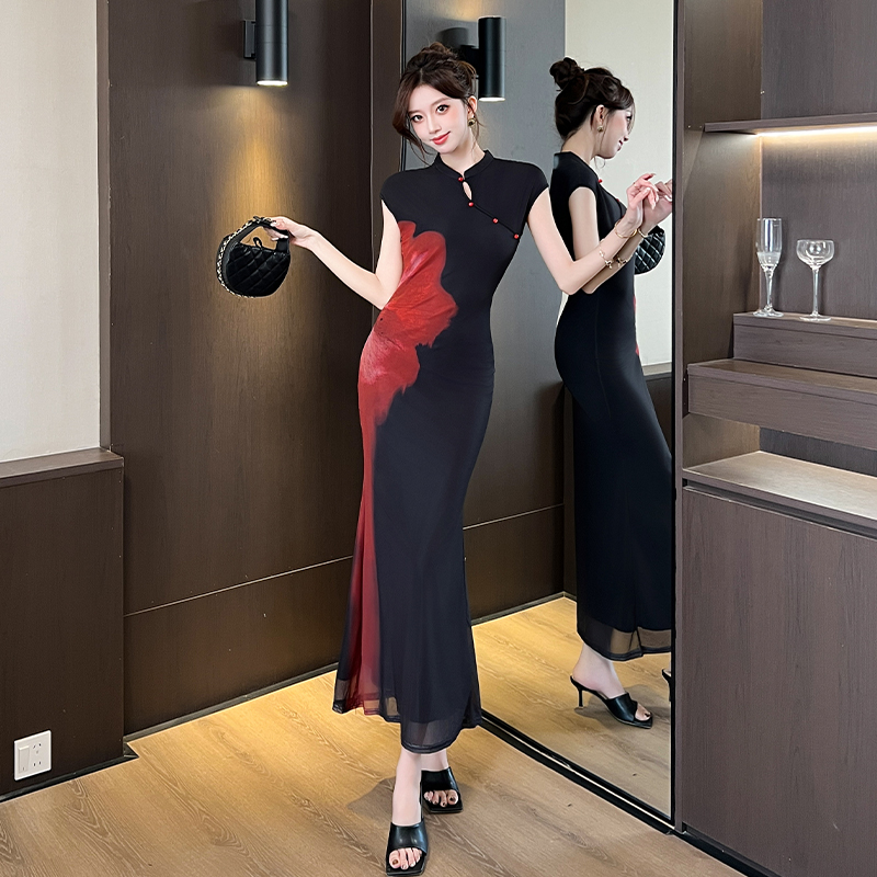 Summer red dress mixed colors slim long dress