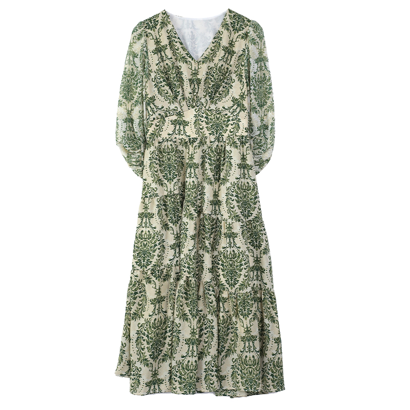 Elegant lantern sleeve V-neck elastic waist ladies dress