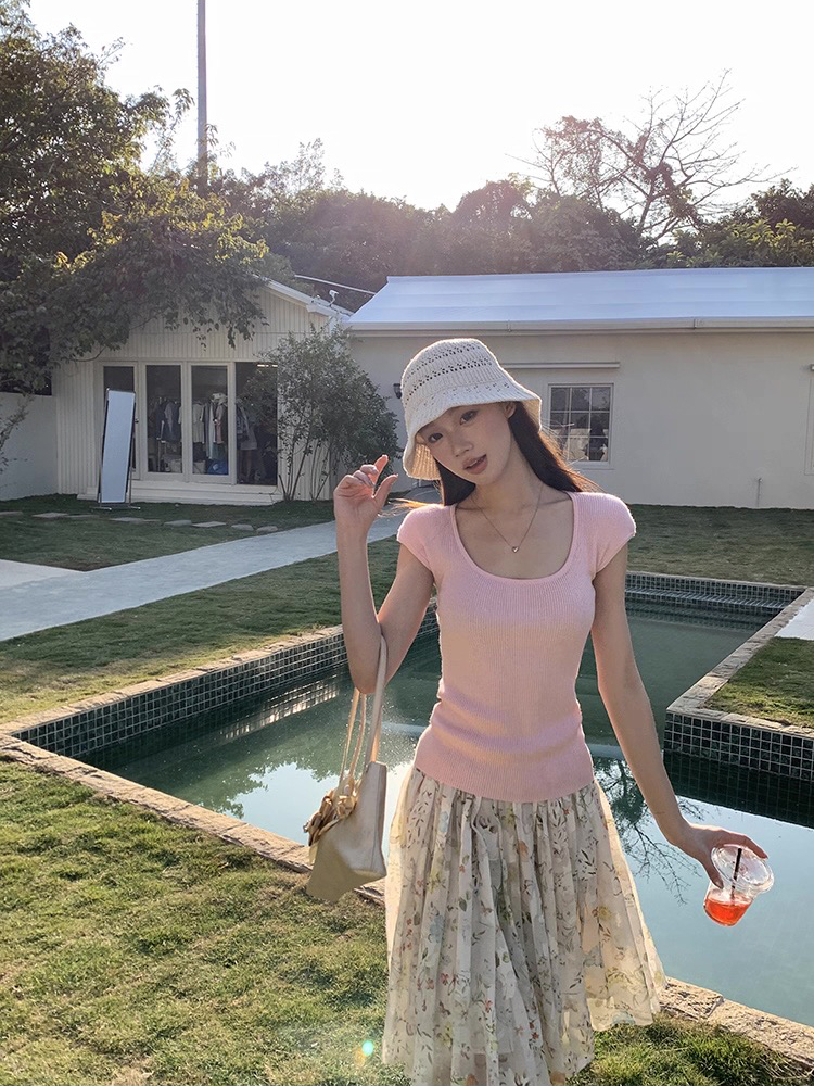 Square collar fashion all-match spring and summer sweater