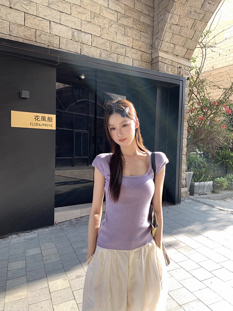 Square collar fashion all-match spring and summer sweater