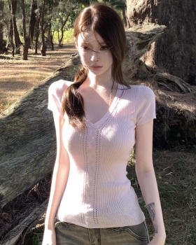 Enticement short sleeve hollow colors knitted slim T-shirt