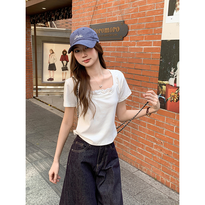 Splice spicegirl T-shirt bow Pseudo-two tops for women