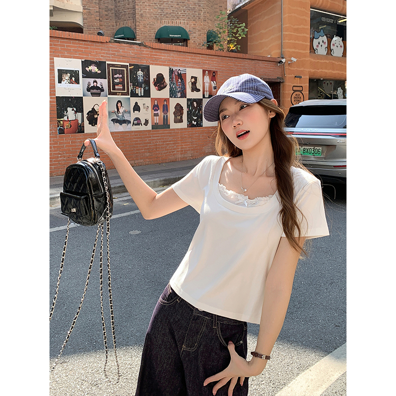 Splice spicegirl T-shirt bow Pseudo-two tops for women