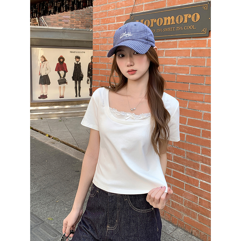 Splice spicegirl T-shirt bow Pseudo-two tops for women