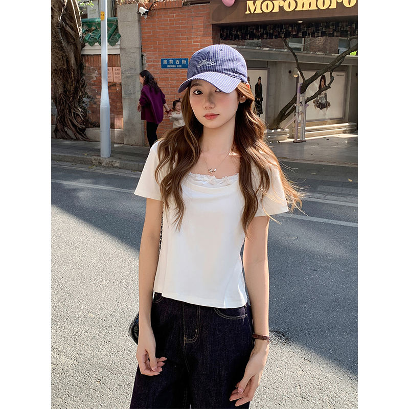 Splice spicegirl T-shirt bow Pseudo-two tops for women