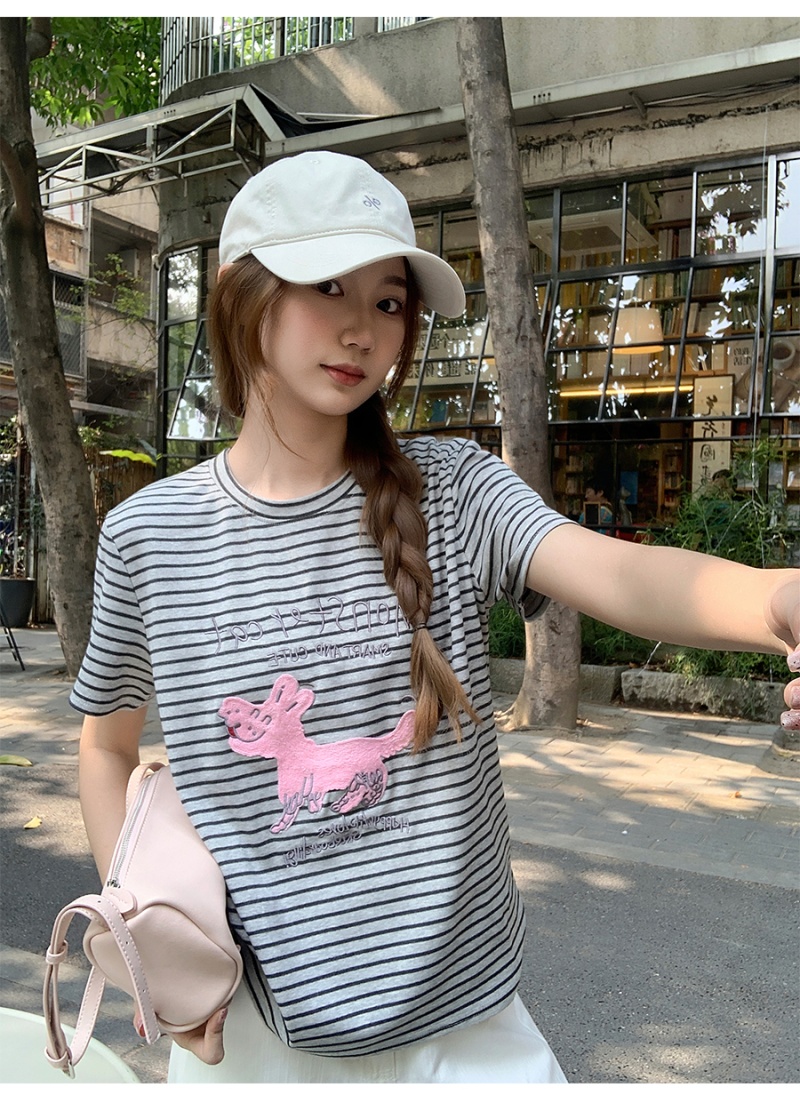 Printing loose small tops stripe Casual cartoon T-shirt