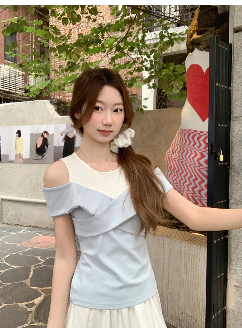 Lotus leaf edges slim tops short sleeve shirts for women