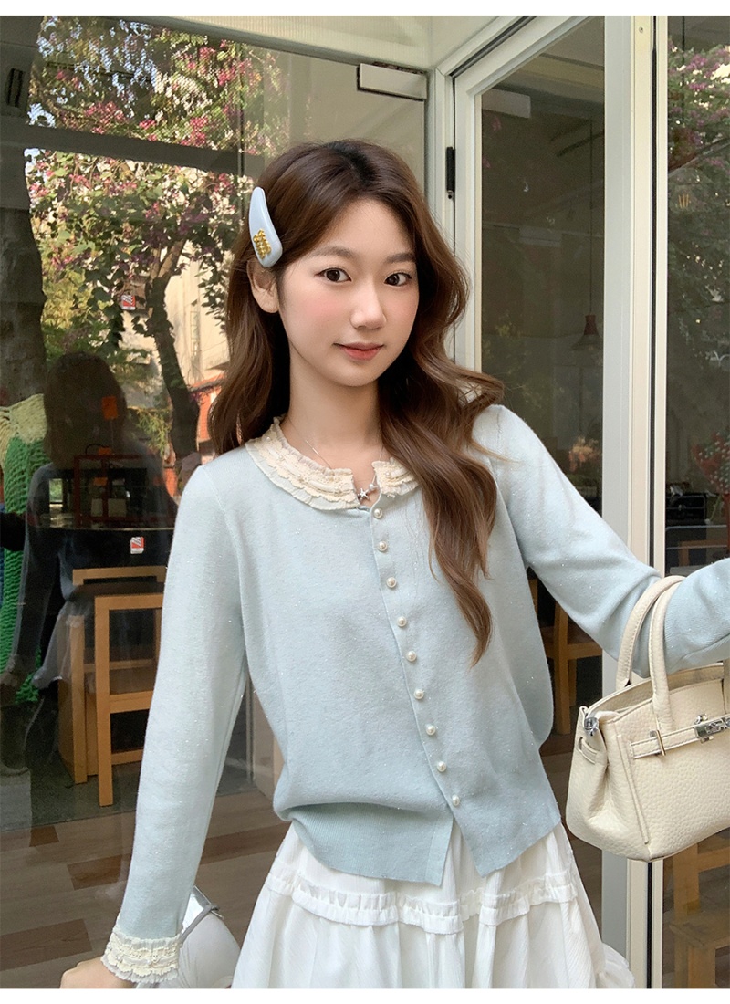 Round neck lace tops beading temperament sweater for women