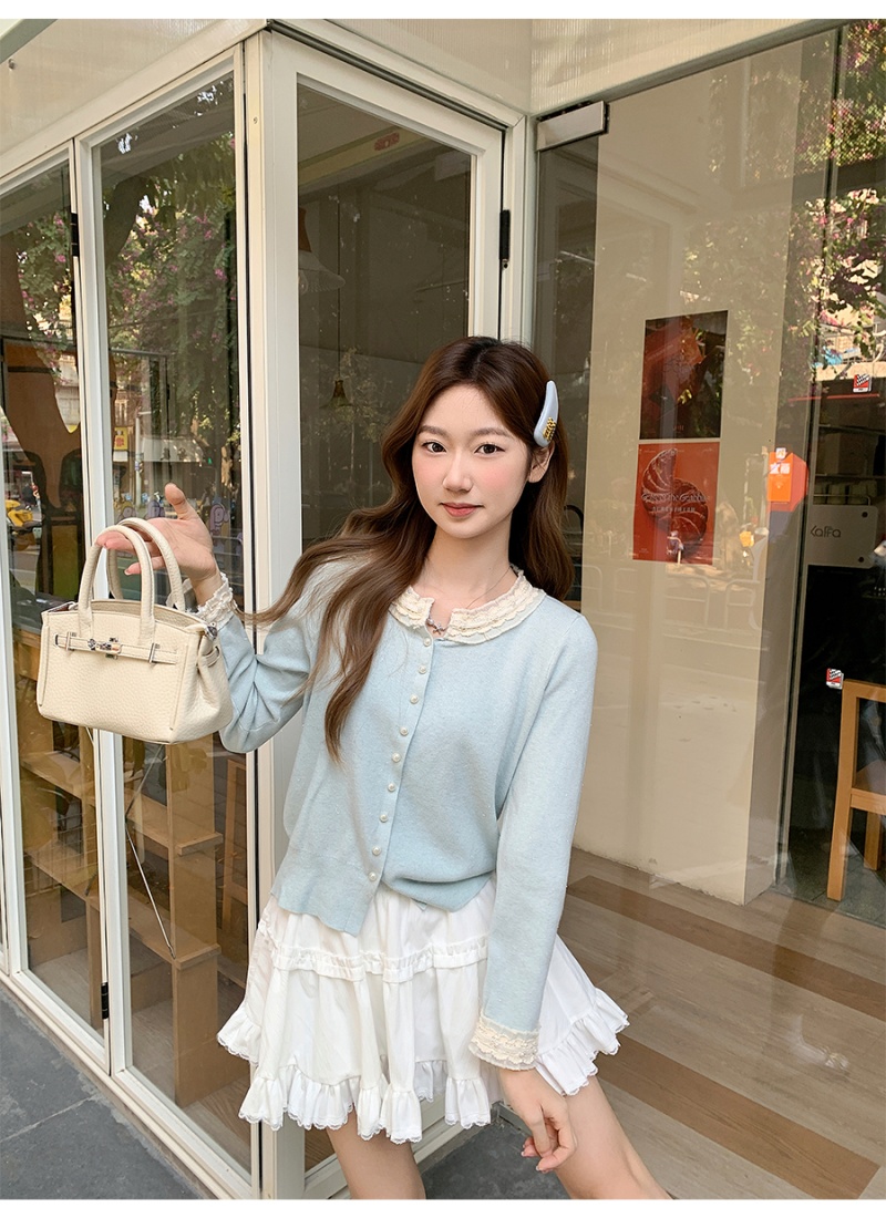 Round neck lace tops beading temperament sweater for women