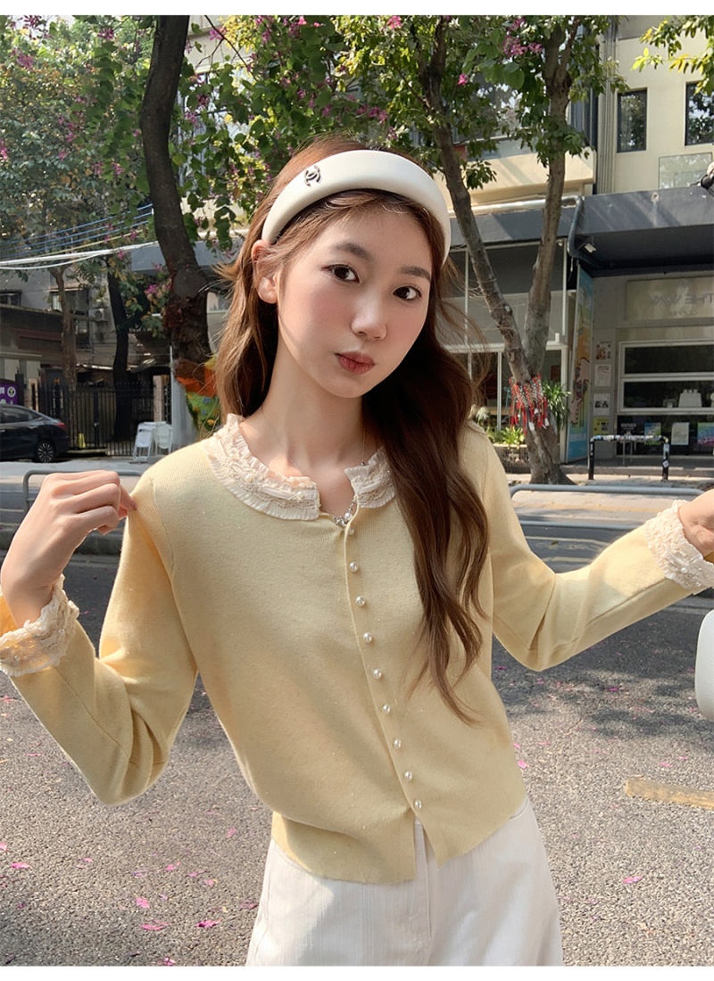 Round neck lace tops beading temperament sweater for women