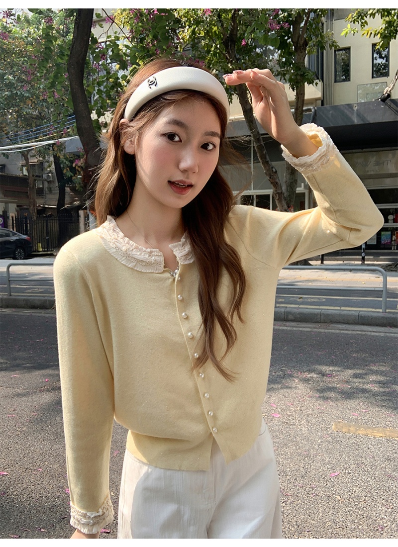 Round neck lace tops beading temperament sweater for women