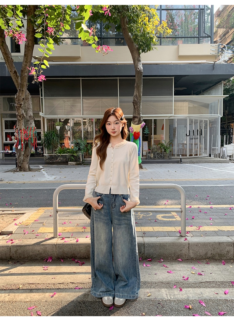 Round neck lace tops beading temperament sweater for women