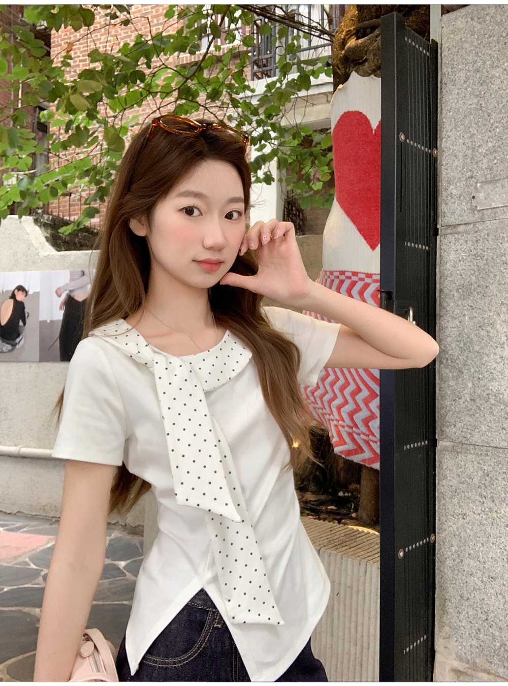 Pinched waist short sleeve T-shirt polka dot tops for women