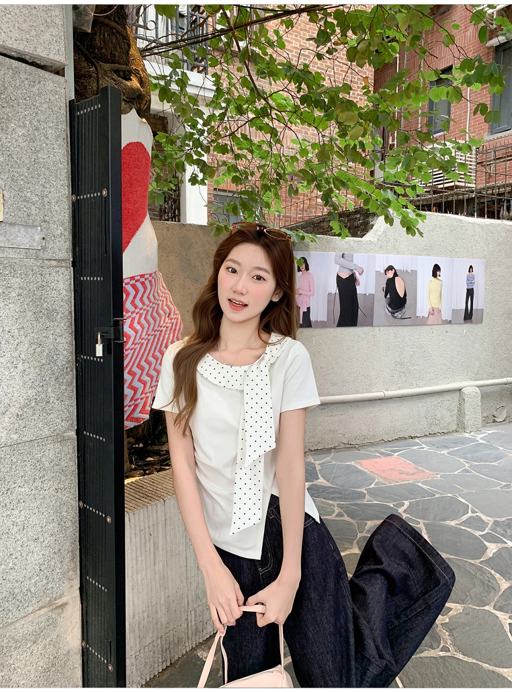 Pinched waist short sleeve T-shirt polka dot tops for women