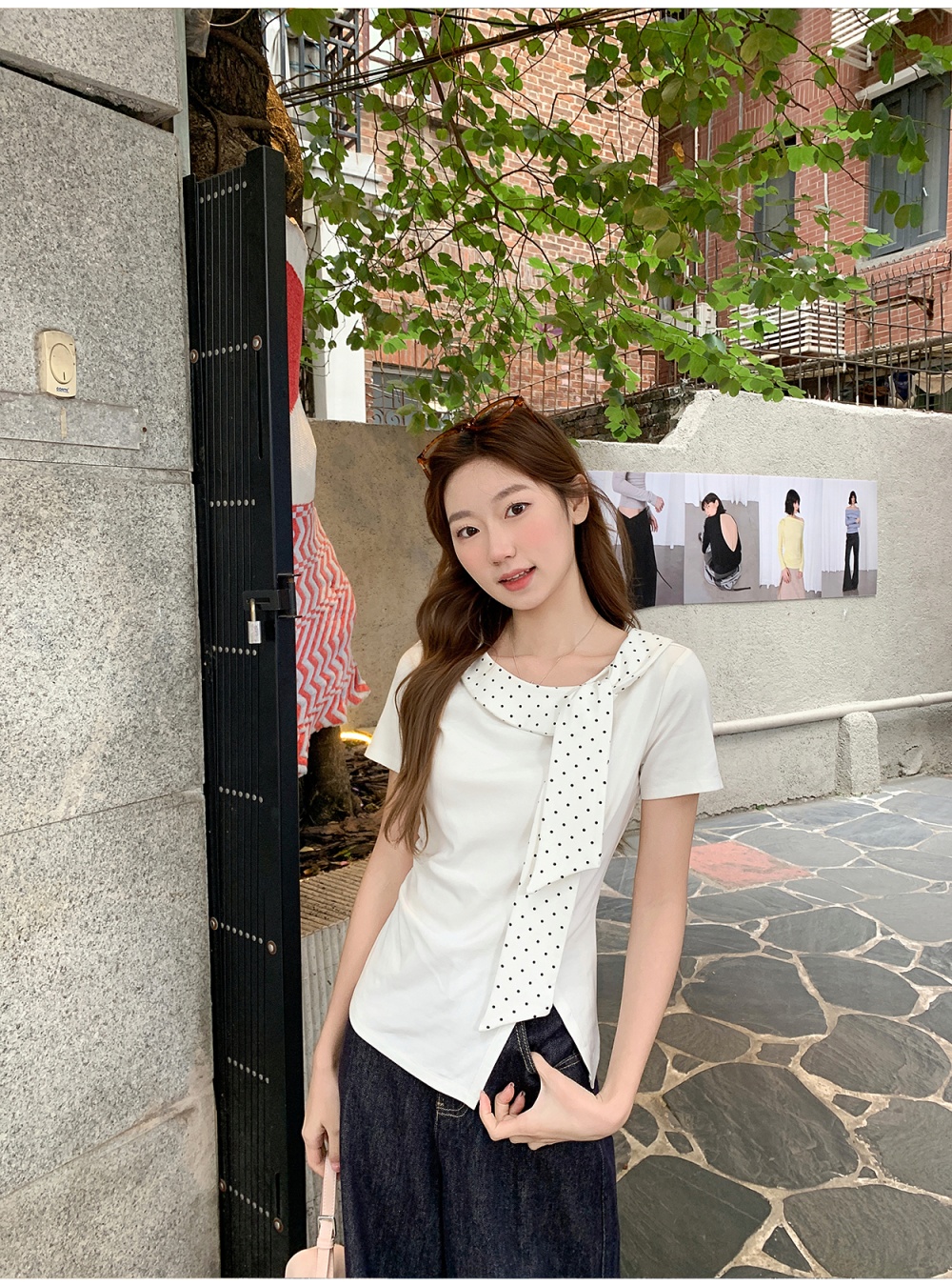Pinched waist short sleeve T-shirt polka dot tops for women