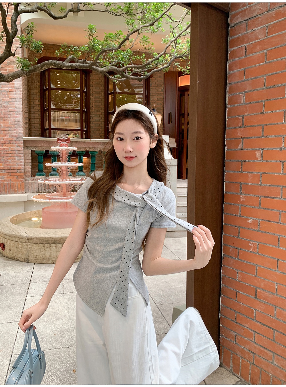 Pinched waist short sleeve T-shirt polka dot tops for women