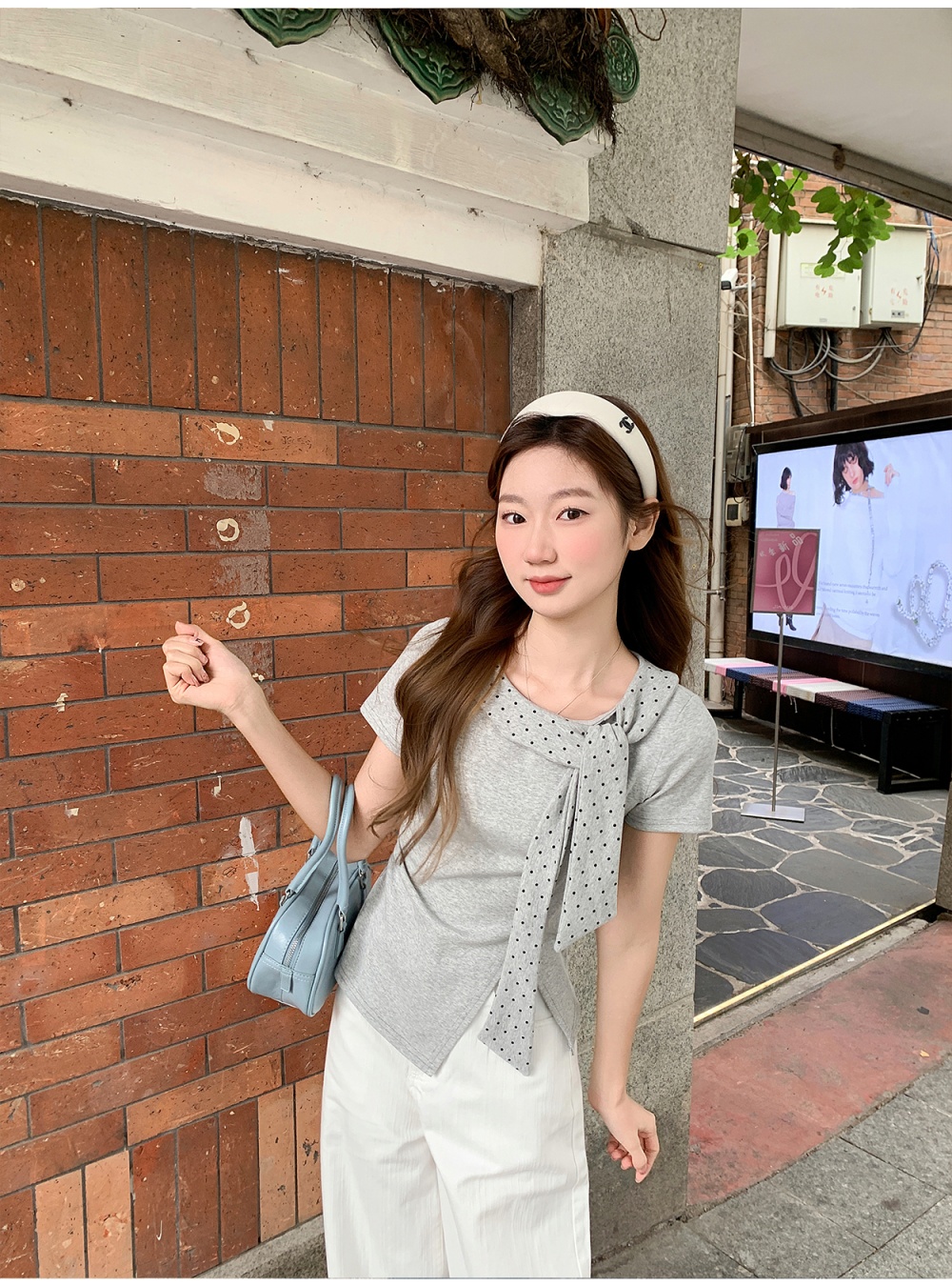 Pinched waist short sleeve T-shirt polka dot tops for women