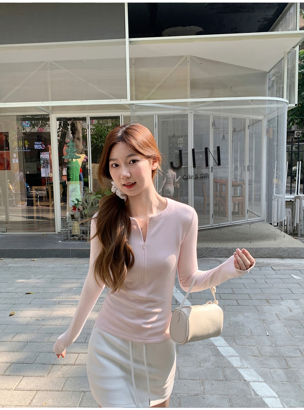 Simple round neck slim tops long pure T-shirt for women