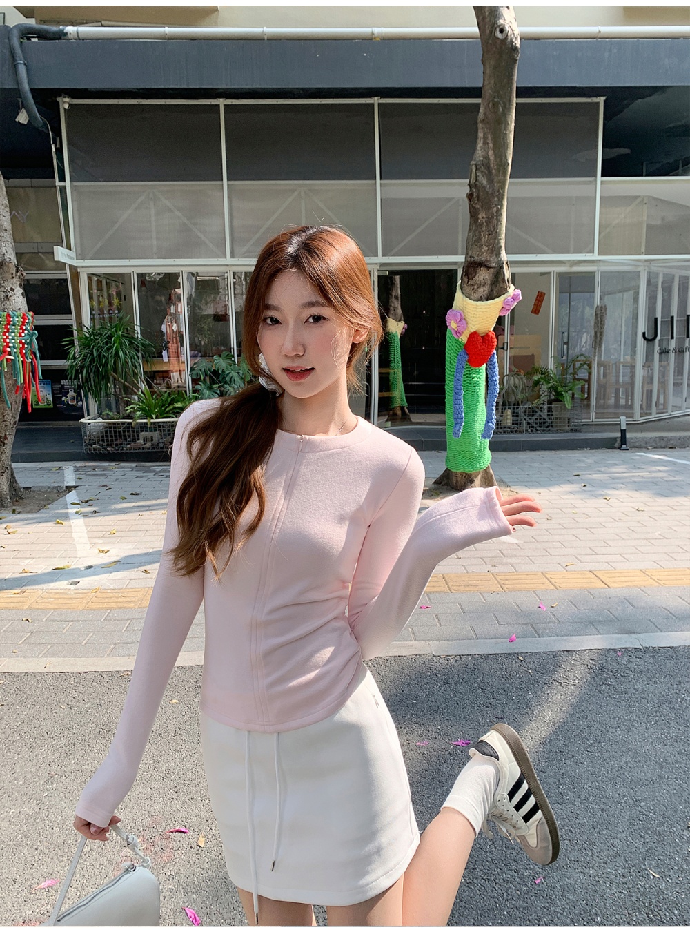 Simple round neck slim tops long pure T-shirt for women