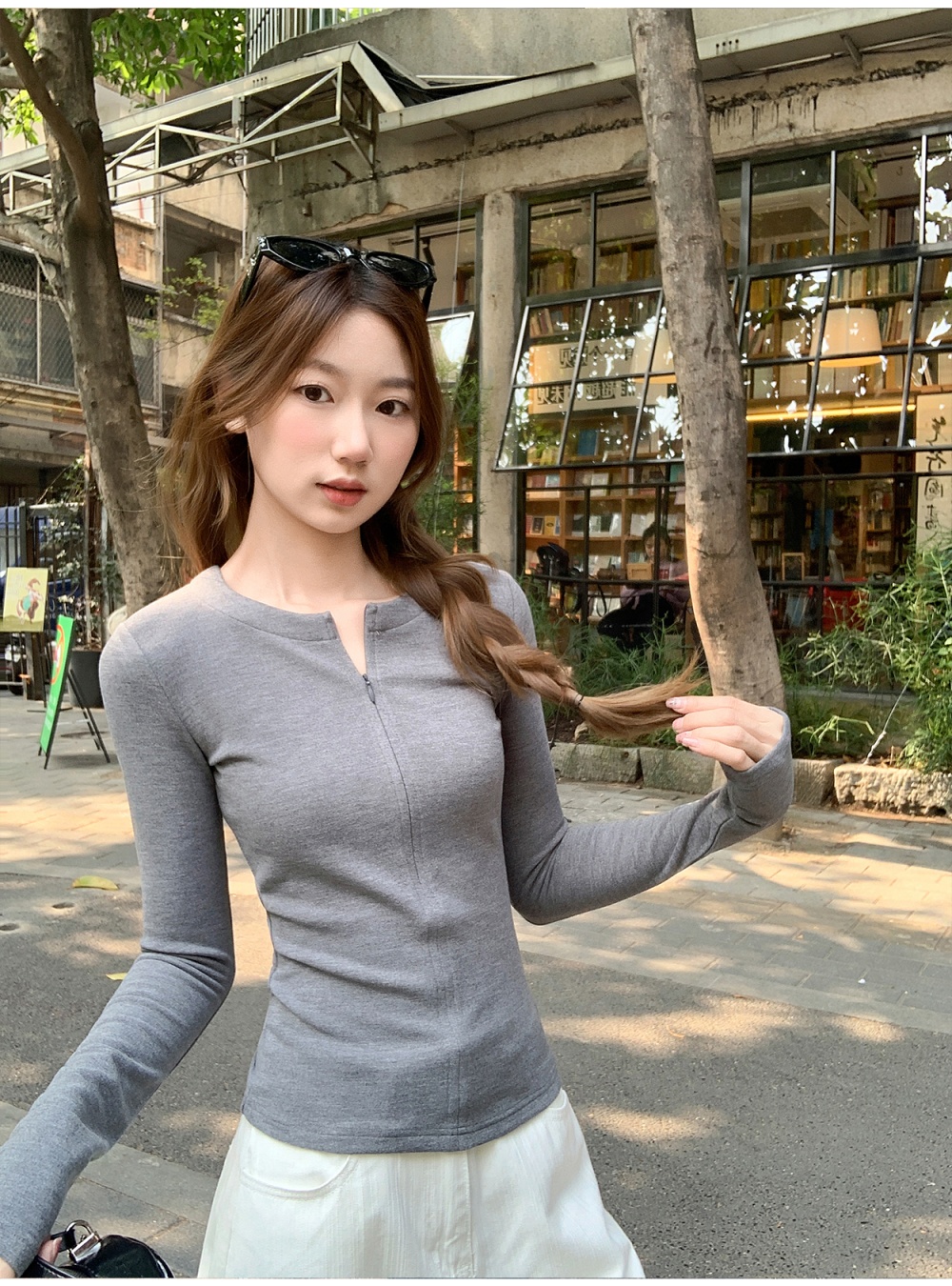 Simple round neck slim tops long pure T-shirt for women