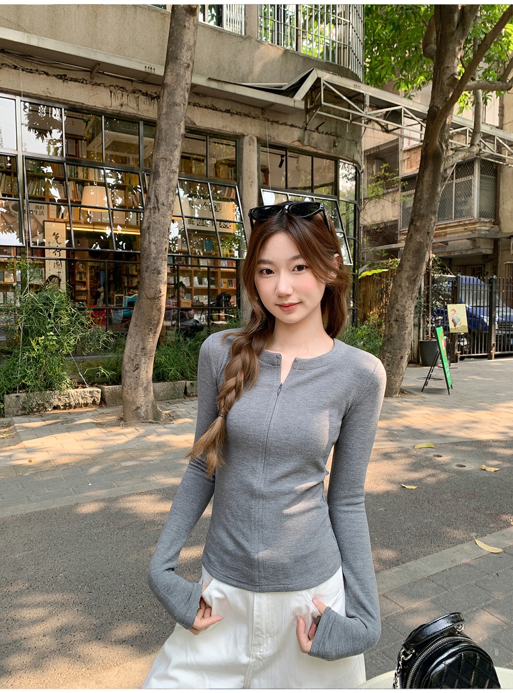 Simple round neck slim tops long pure T-shirt for women