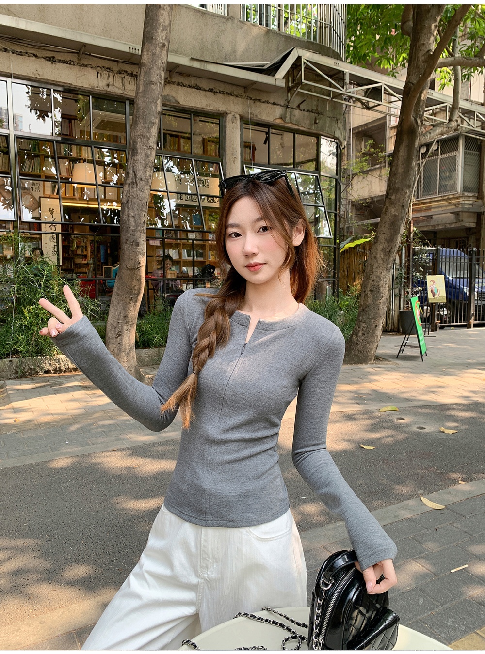 Simple round neck slim tops long pure T-shirt for women