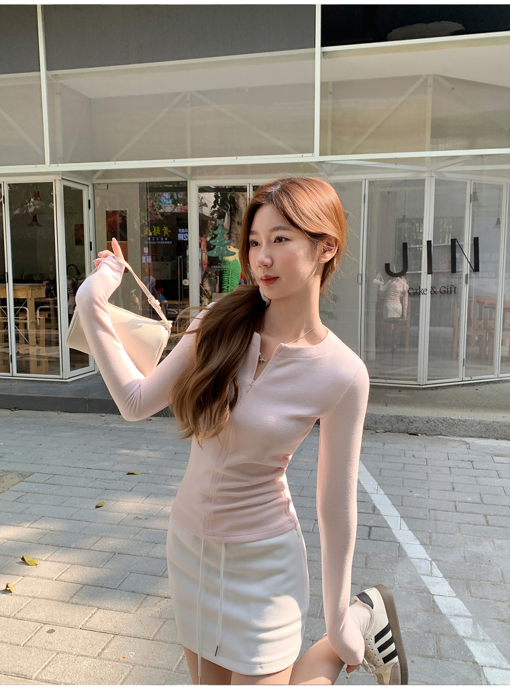 Simple round neck slim tops long pure T-shirt for women