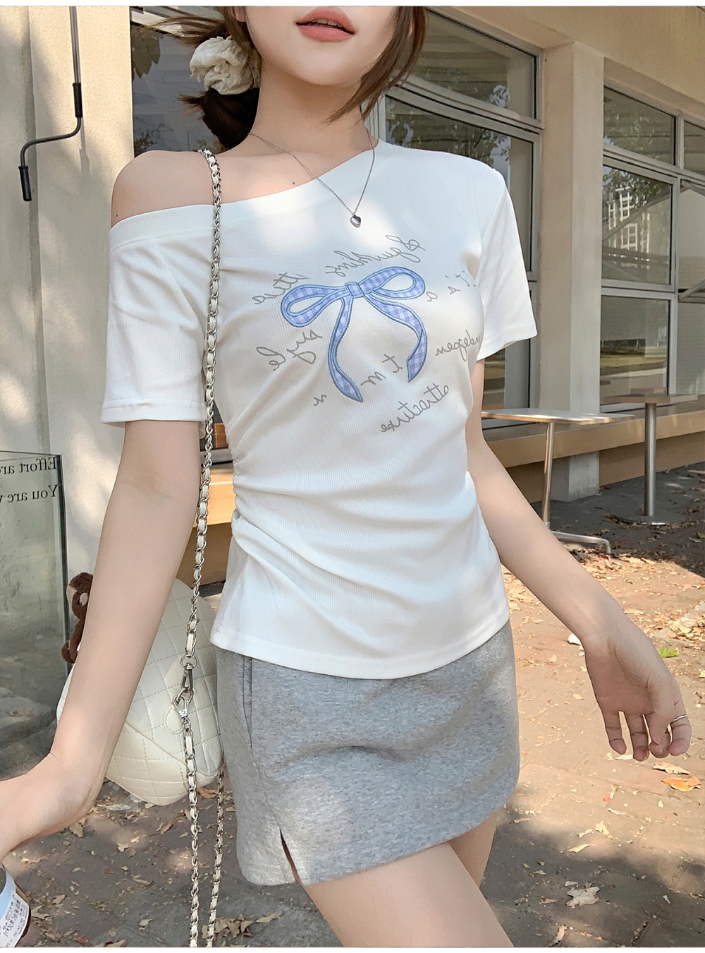 Enticement bow slim tops sweet oblique collar summer shirts