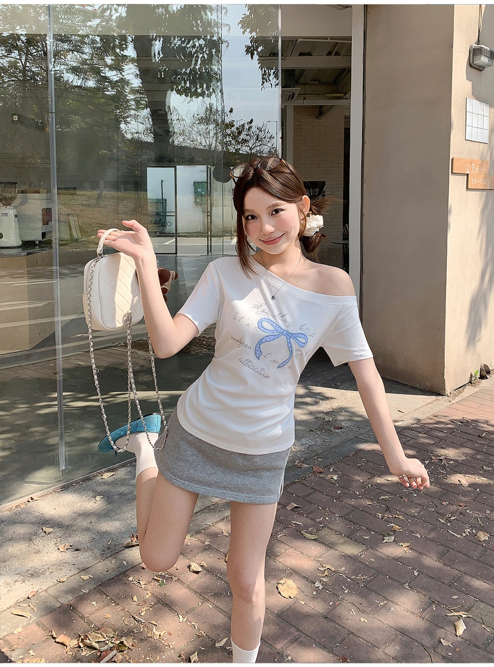 Enticement bow slim tops sweet oblique collar summer shirts