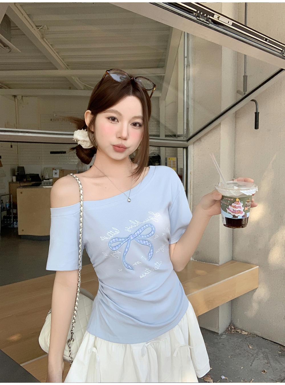 Enticement bow slim tops sweet oblique collar summer shirts