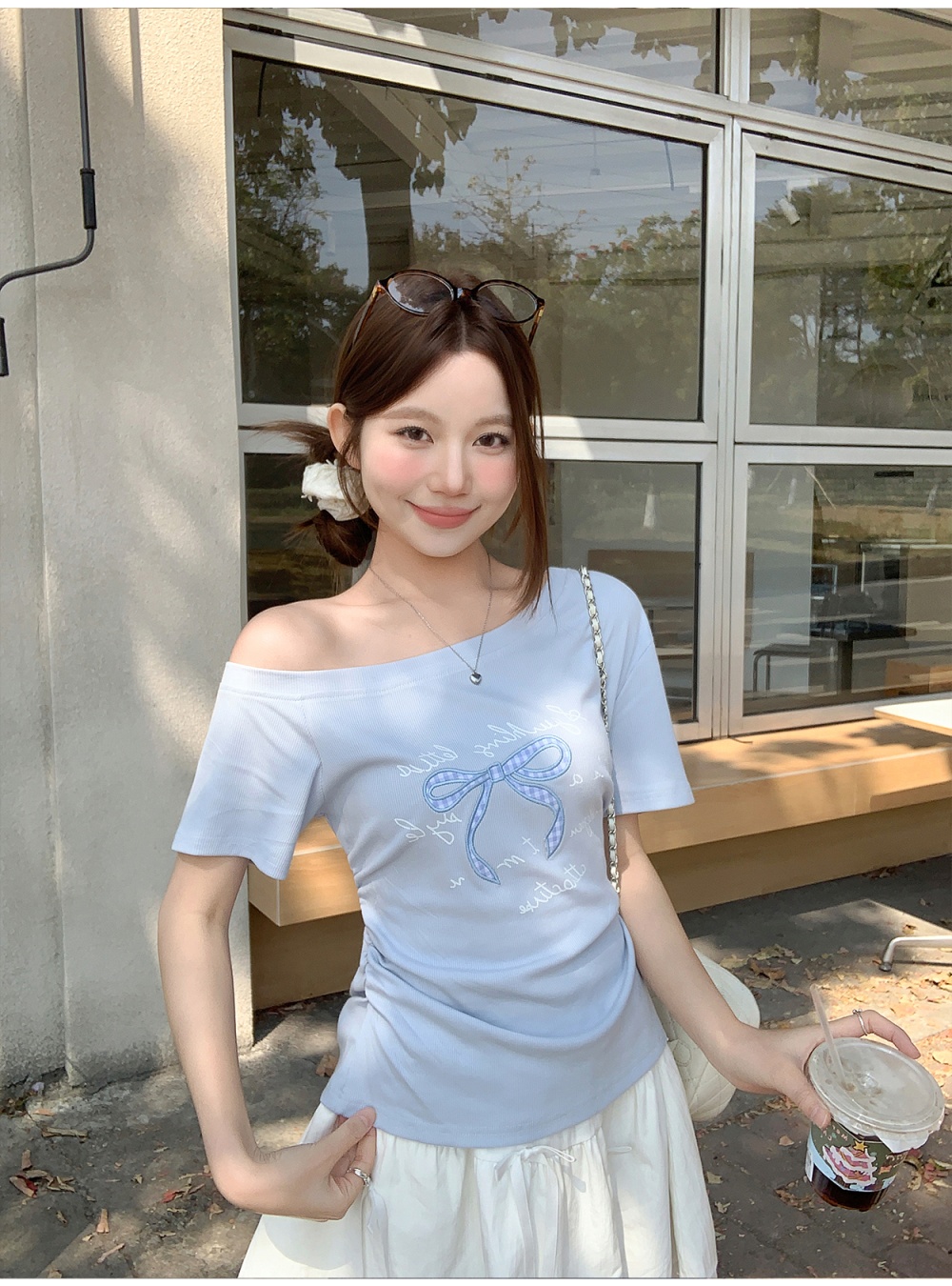 Enticement bow slim tops sweet oblique collar summer shirts