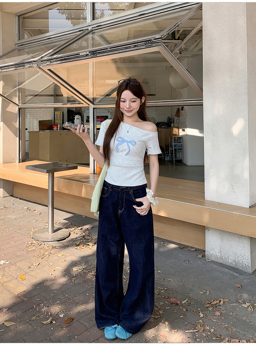 Enticement bow slim tops sweet oblique collar summer shirts