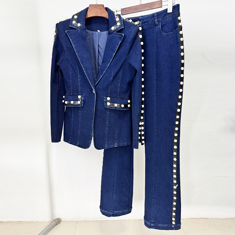 Washed beading long pants fashion jacket 2pcs set