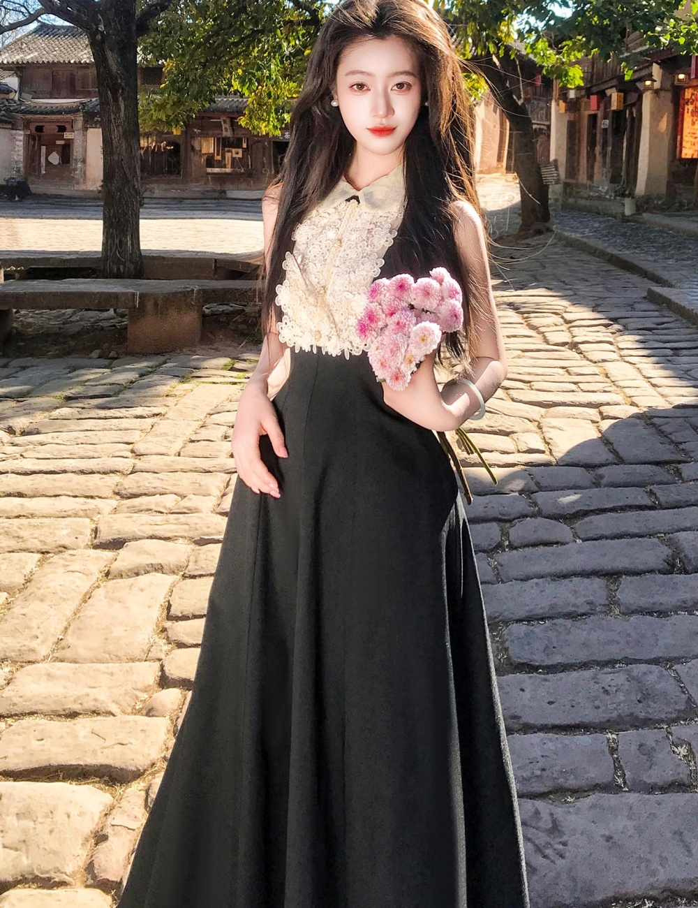 Lace black France style Hepburn style dress