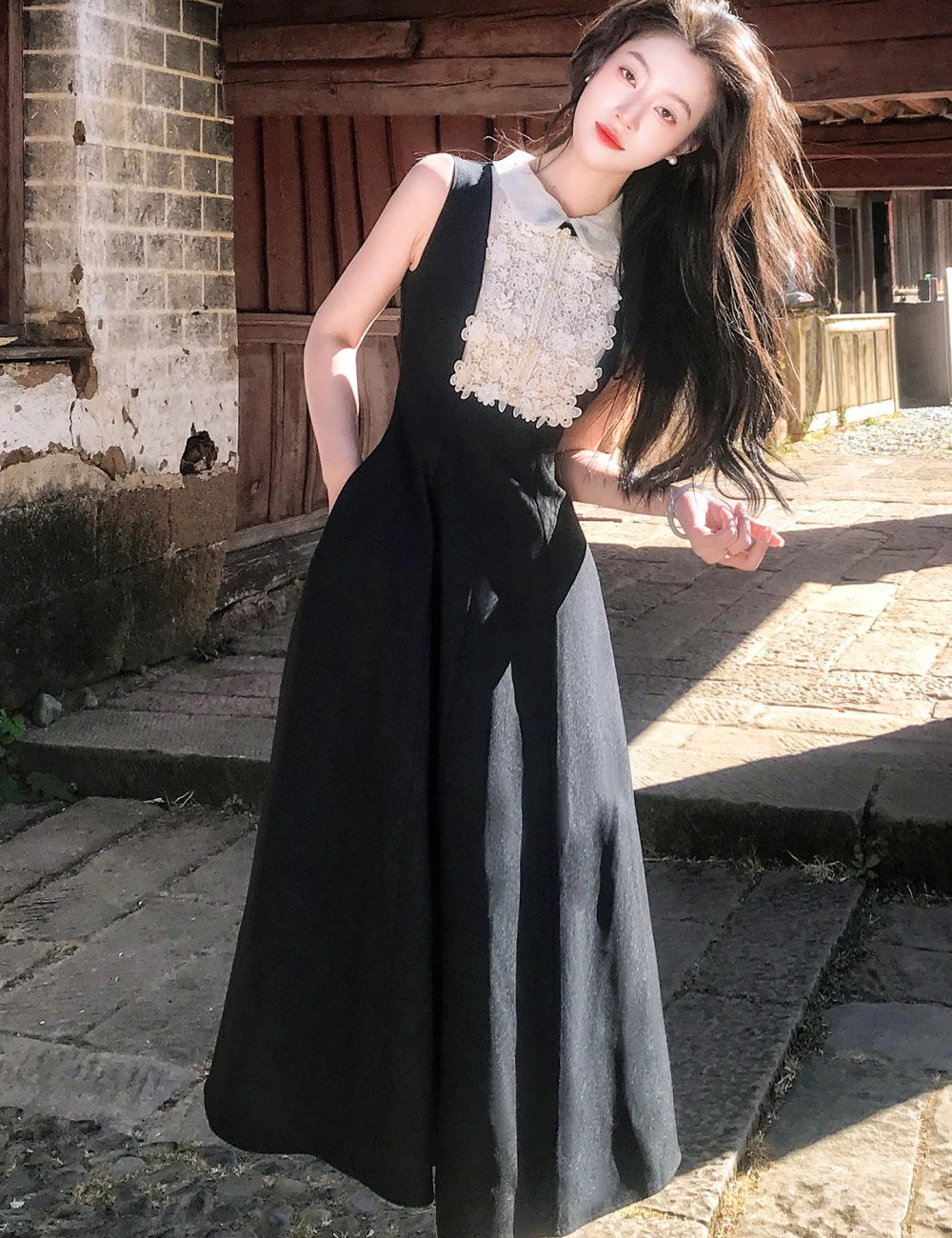 Lace black France style Hepburn style dress