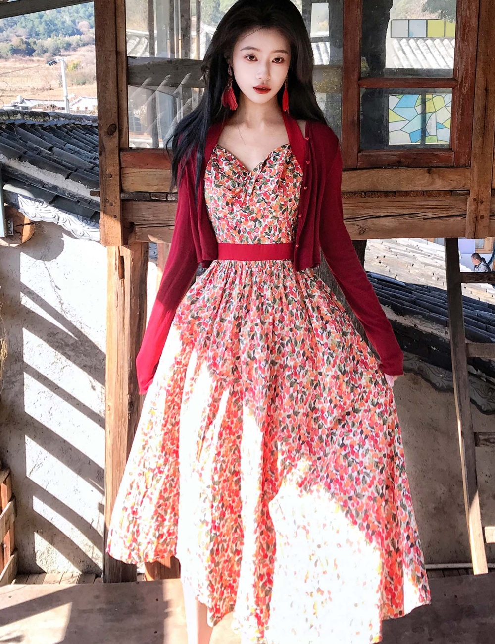 Green red halter floral sweetheart long dress 2pcs set