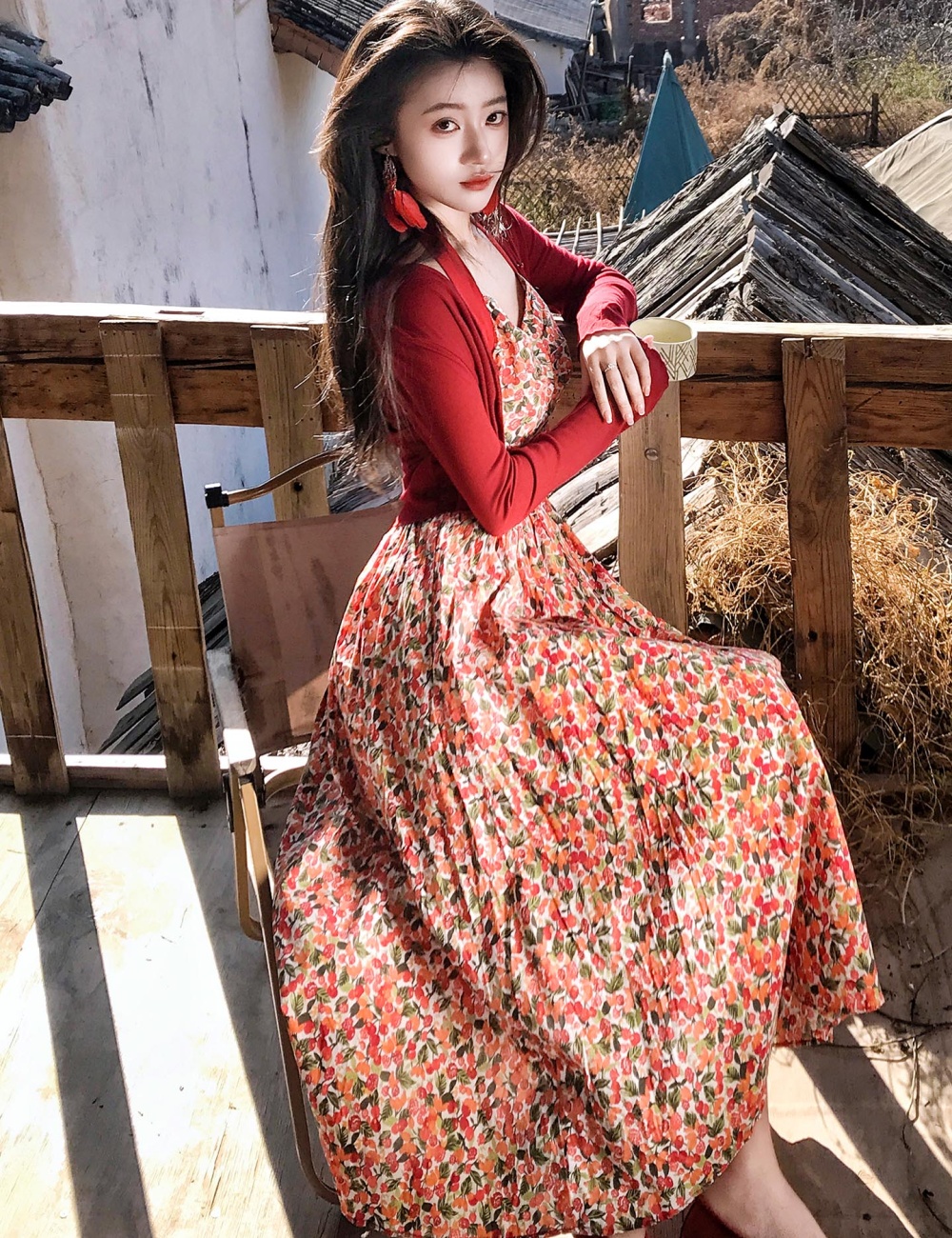 Green red halter floral sweetheart long dress 2pcs set
