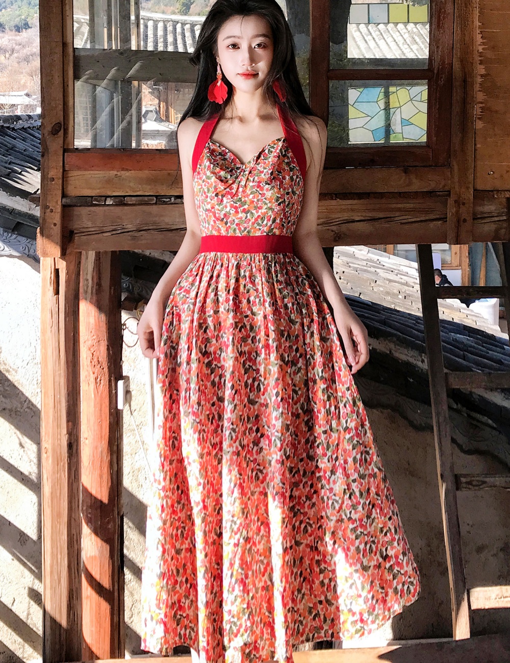 Green red halter floral sweetheart long dress 2pcs set