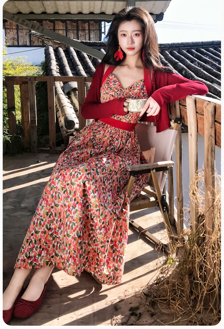 Green red halter floral sweetheart long dress 2pcs set