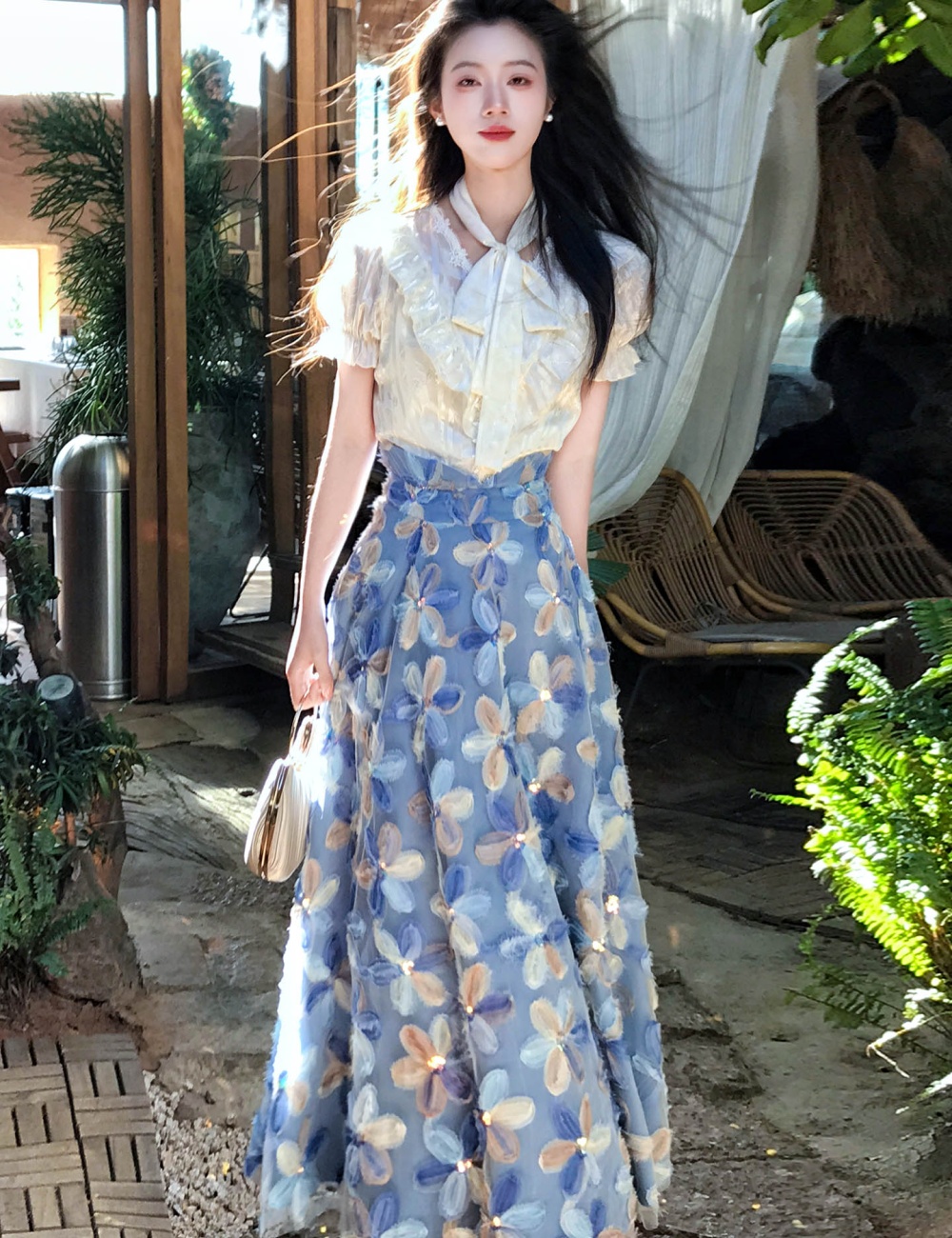 Temperament niche skirt bandage flowers shirt 2pcs set