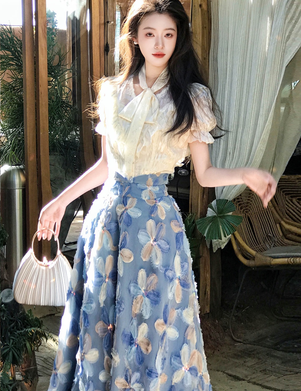 Temperament niche skirt bandage flowers shirt 2pcs set