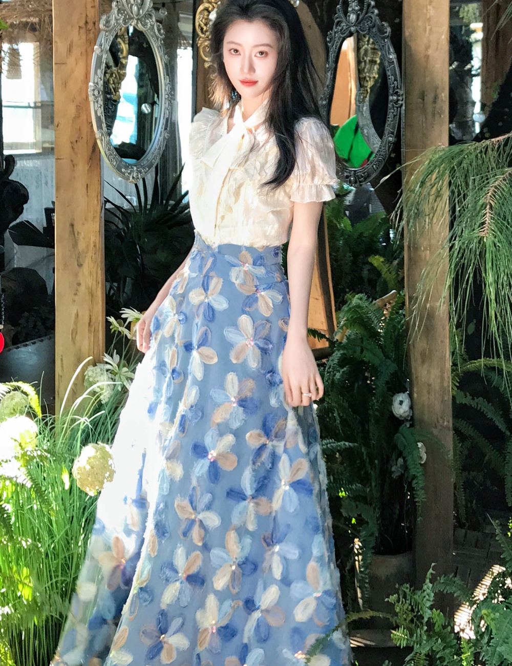 Temperament niche skirt bandage flowers shirt 2pcs set