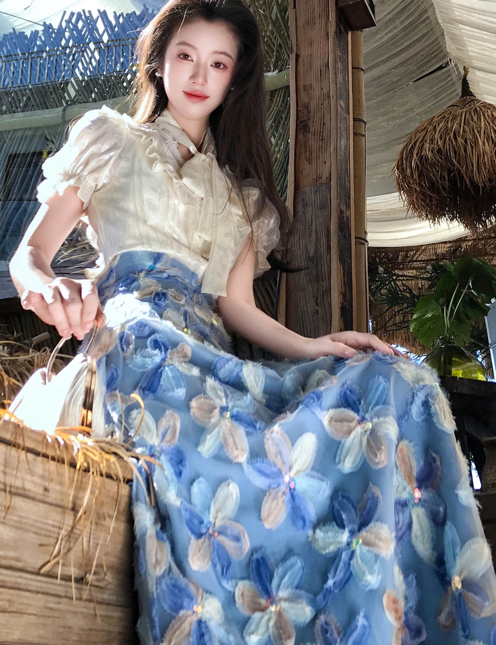 Temperament niche skirt bandage flowers shirt 2pcs set