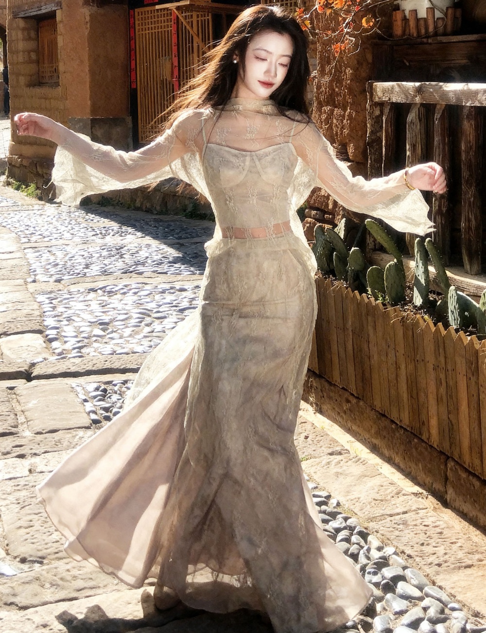 Elegant sling skirt silk linen mermaid smock a set