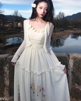 Pinched waist sling cardigan stereoscopic dress 2pcs set