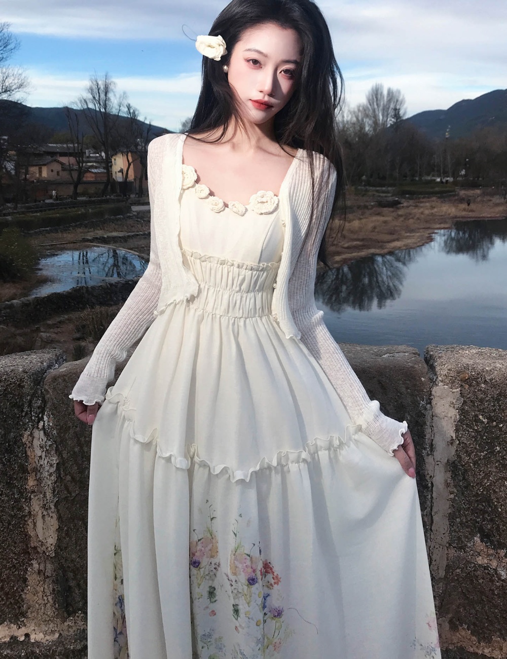 Pinched waist sling cardigan stereoscopic dress 2pcs set