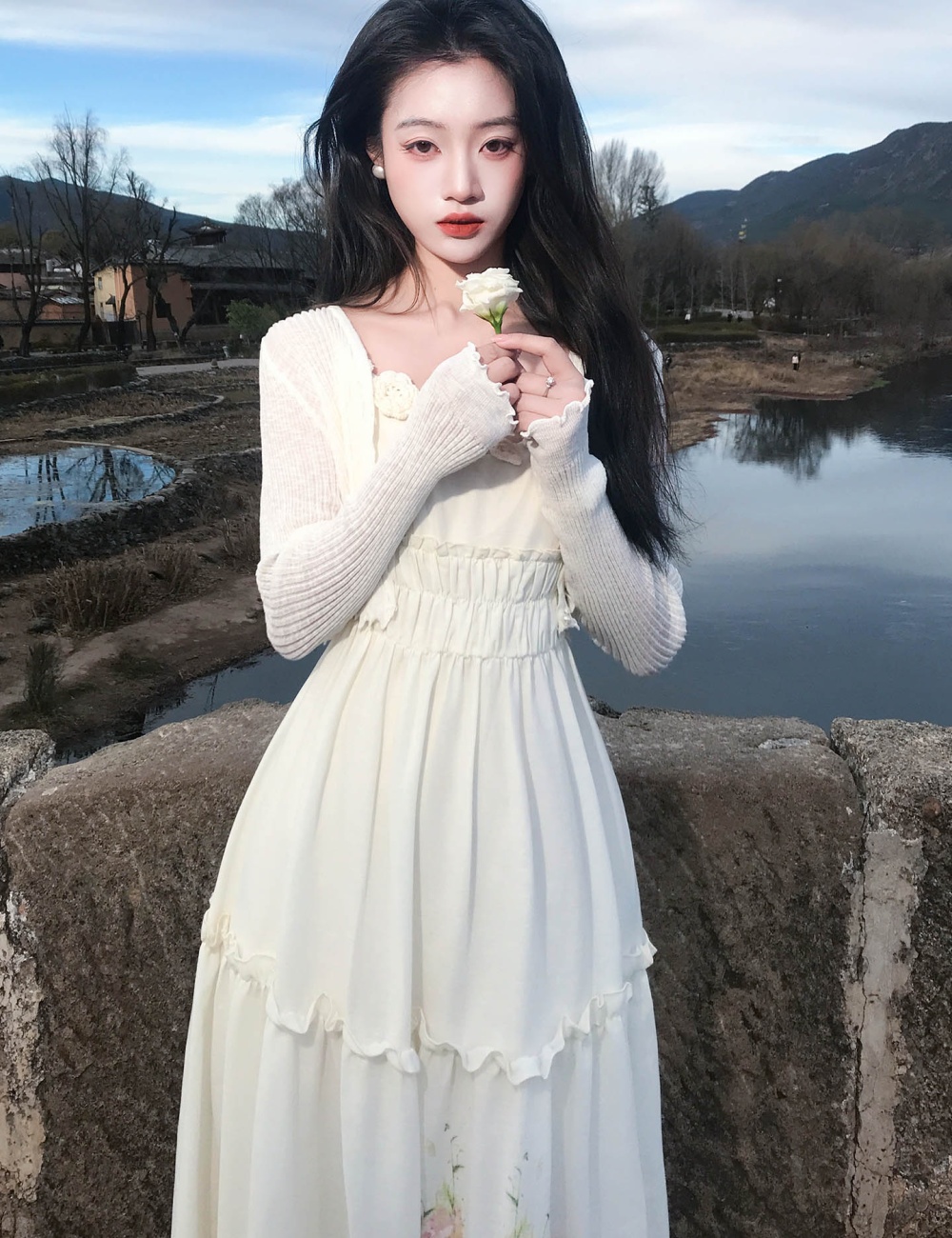 Pinched waist sling cardigan stereoscopic dress 2pcs set