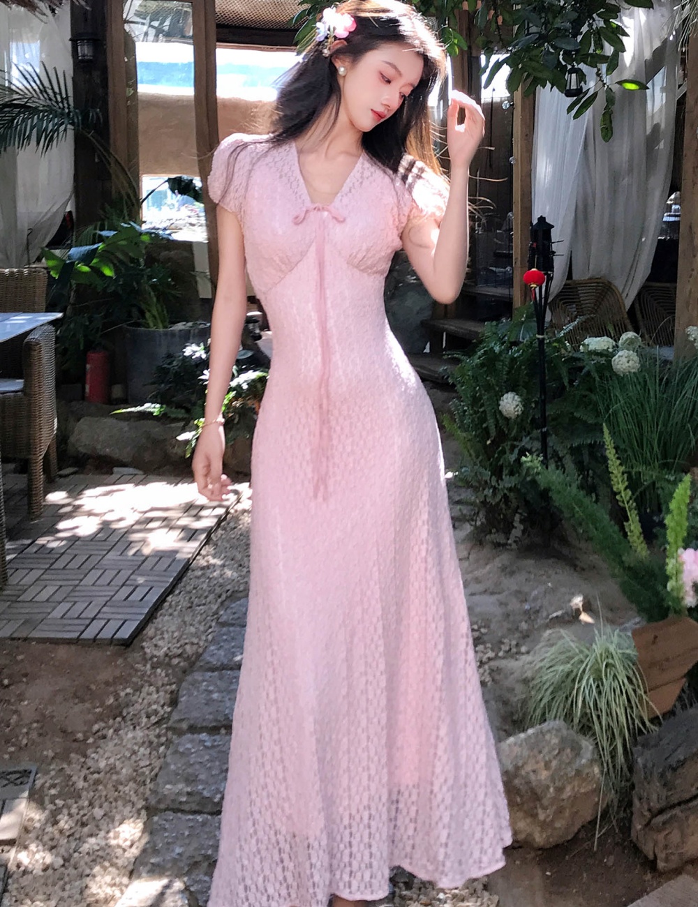 Summer lace long dress elasticity slim dress 2pcs set