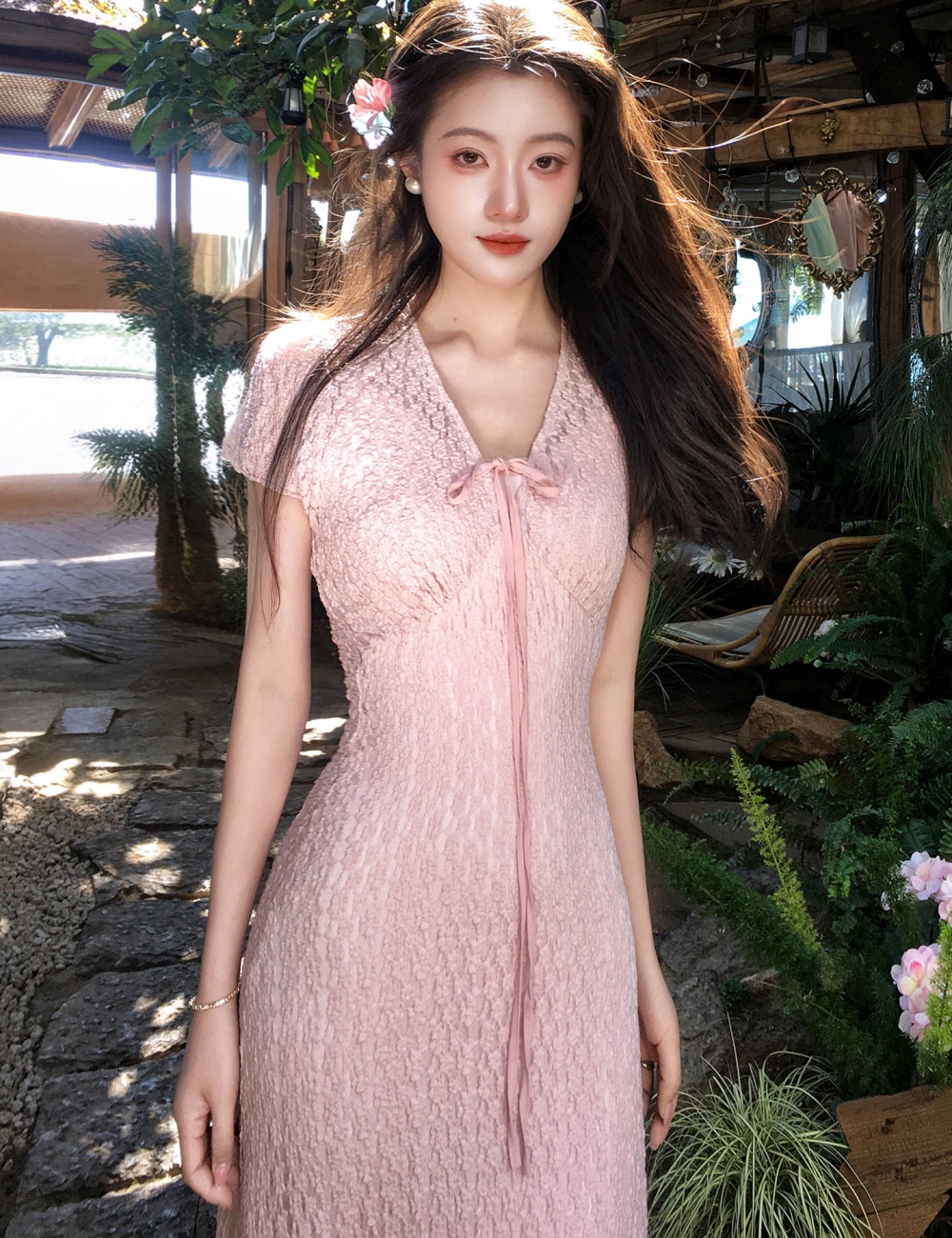 Summer lace long dress elasticity slim dress 2pcs set